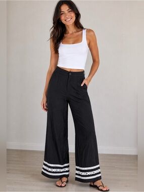 Rich & Famous Linen Blend Wide-Leg Embroidered Hem Pants - Black